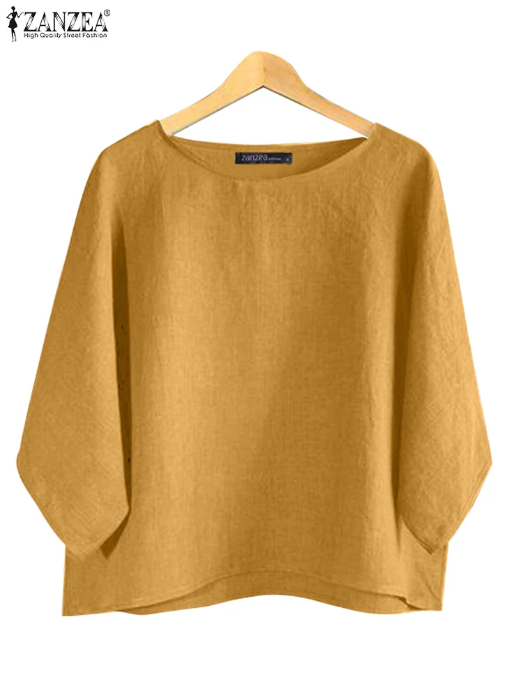 ZANZEA Sommer Solide Arbeit Shirts Casual Frauen Blusen Vintage Lose Tops Elegante O Neck 3/4 Hülse Blusas Mujer Oversize Chemise
