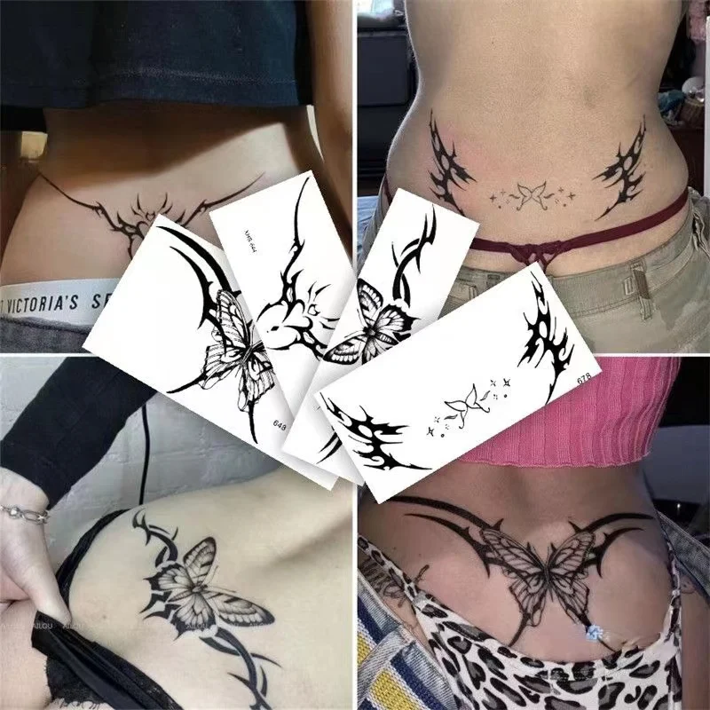 Sexy Bauch Schmetterling Totem wasserdicht Tattoo Aufkleber Schlüsselbein Rose dauerhafte Narbe Kunst gefälschte Tätowierung temporäre schwarze weibliche Tatuajes