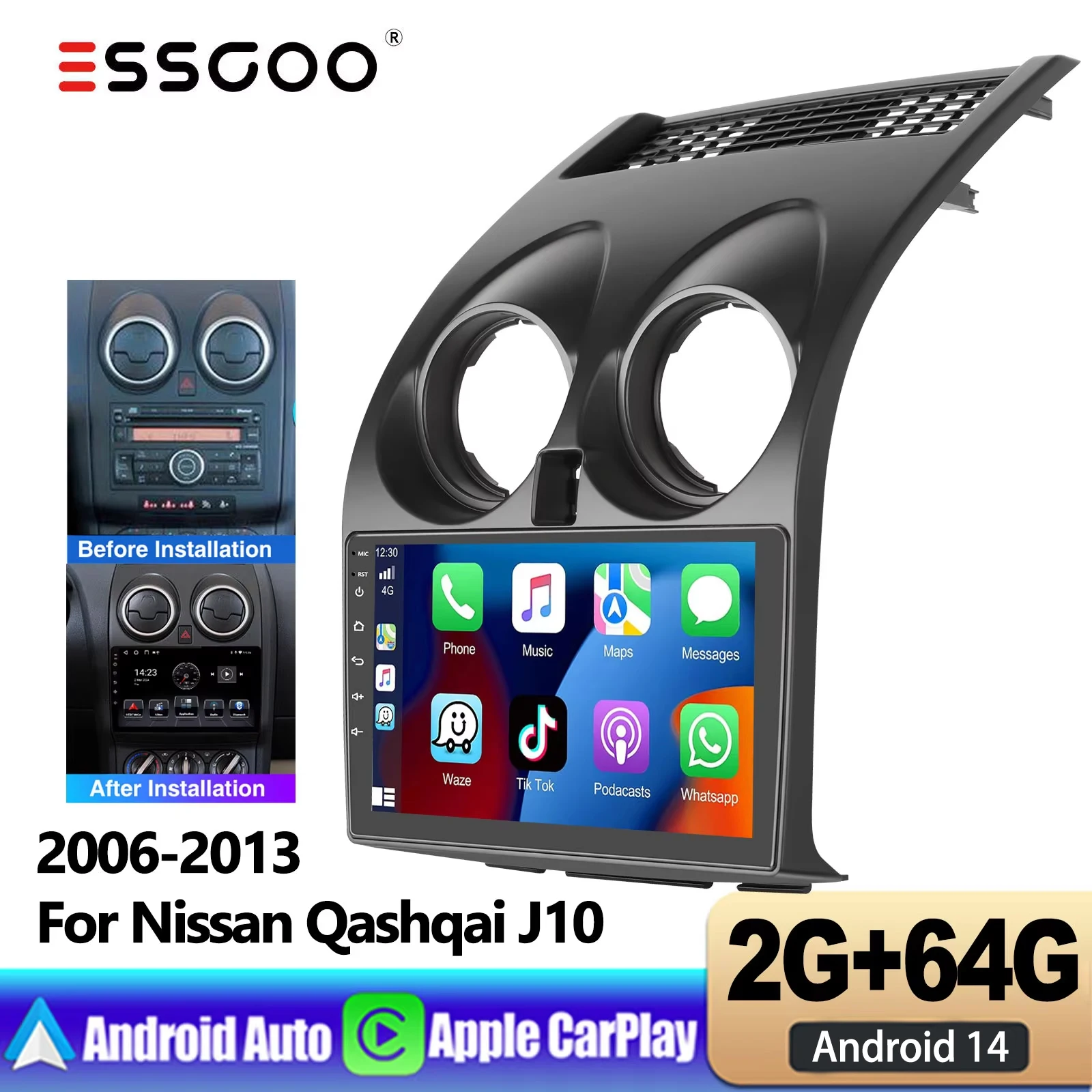 ESSGOO 9" Touchscreen 2 DIN Android 14 Autoradio Wireless CarPlay Android Auto für Nissan Qashqai 1 J10 2006-2013 GPS Navigation WiFi FM Bluetooth Mirror Link Multimedia-Player Image