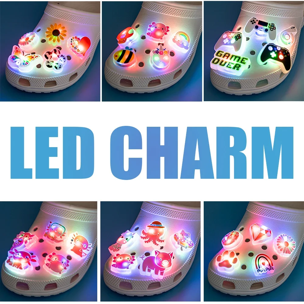 5PCS LED Schuh Charms für Kinder Leuchtende Ente Katze Gamepad Rosa Katze Schuh Zubehör Pins Frauen Mode Clog Schnalle schuh Dekoration