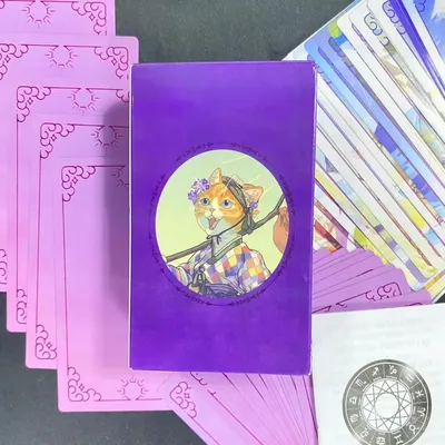 12 x 7 cm großes lila Katzen-Tarot-Deck, 78 Stück, Karten mit Reiseführer für Anfänger Image