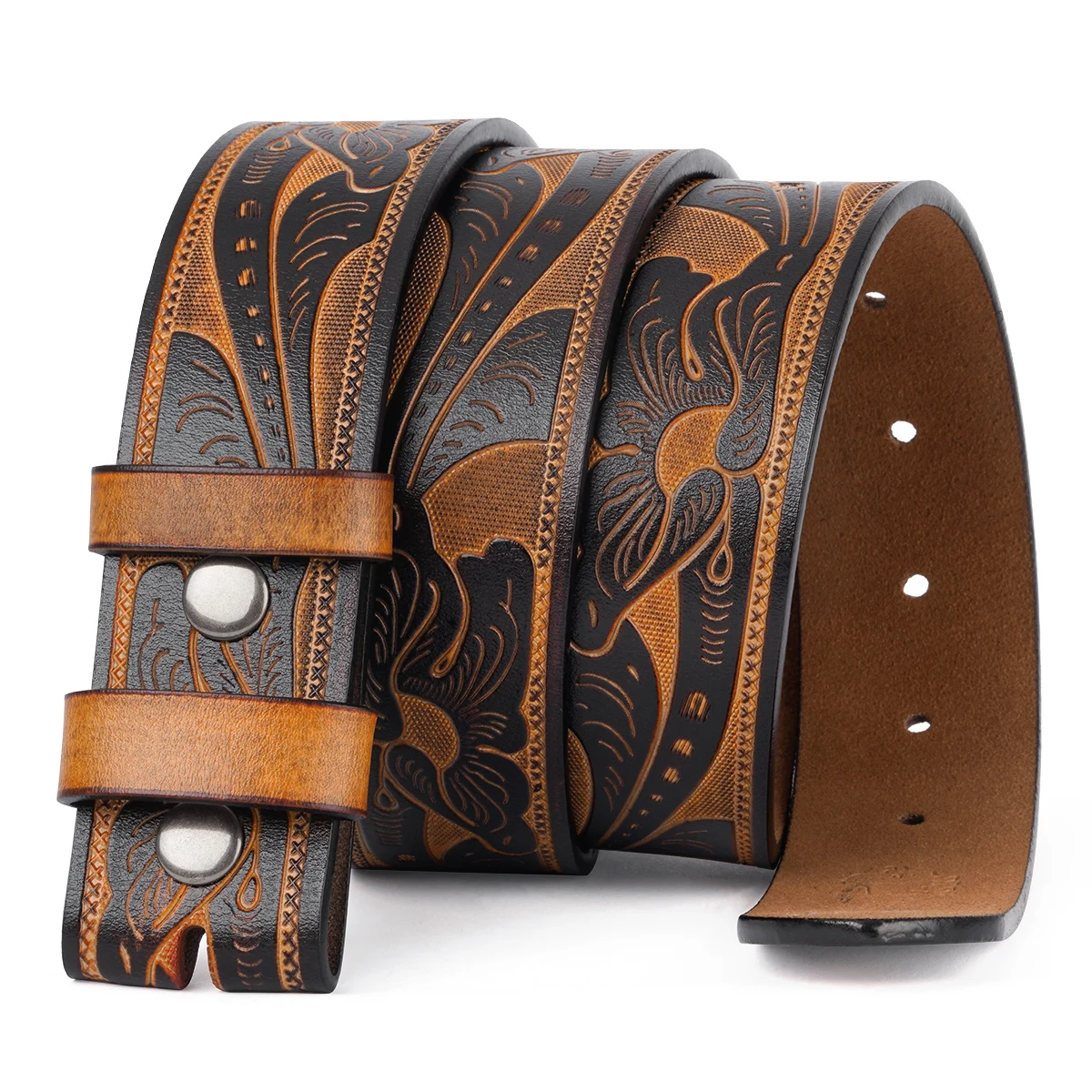 Echtes Leder Vintage Gürtel Keine Schnalle Geprägtes Rindsleder Ohne Schnalle Männer Strap Männliche Western Cowboy Gürtel Image