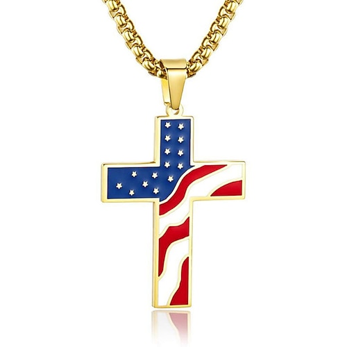 Collana con ciondolo a croce con bandiera americana da uomo – tonalità oro e argento con design della bandiera degli Stati Uniti, elegante e alla moda per un abbigliamento casual e di tendenza.