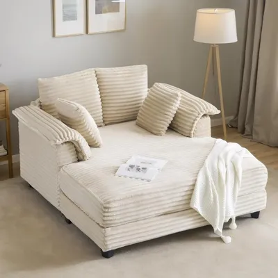 Living Room Chair, 56" Oversized Chaise Lounge Chair, Beige Comfy Corduroy Chaise Sofa Recliner Bed