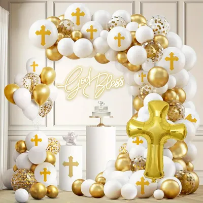 133pcs First Communion Balloon Garland Arch Set, Gold Cross Aluminum Film Balloon,for Communion