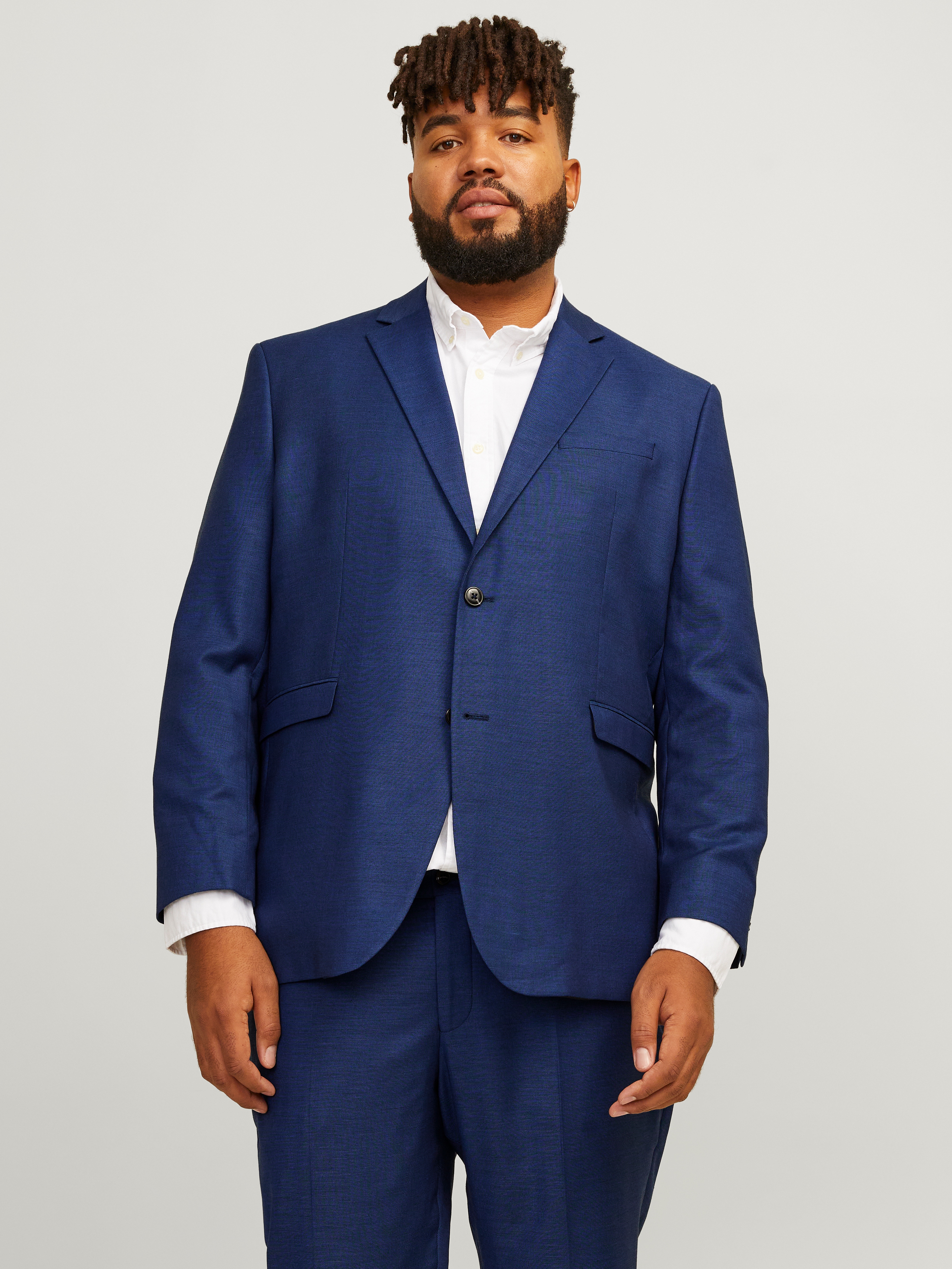 Sakko "JPRSOLARIS BLAZER NOOS PLS", Herren, Gr. 66, blau (medieval blau), Web, Obermaterial: 59% Polyester, 24% Wolle, 16% Viskose, 1% Elasthan, JACK & JONES PLUSSIZE, unifarben, slim fit, Sakkos Sakko