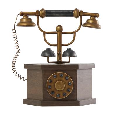 Wooden Antique Style Telephone with Brown Wooden Base - Copper - Roche River Decor