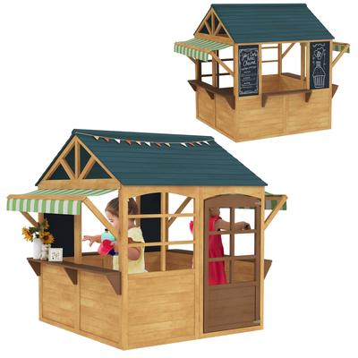 Qaba Foldable Outdoor Playhouse, Wooden Kids Cottage with Windows, Working Door, Snack Bars, for Kids 3-8 Years