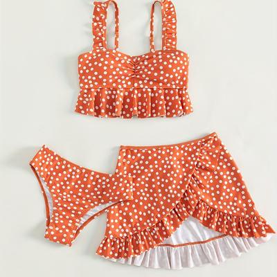 TEMU Girls' Polka Dot Tankini Set With Ruffle Trim - Stretchy, Machine Washable Swimwear For Image