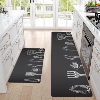 TEMU 1pc Thick 1.1cm Kitchen Floor Mat, Gray Tableware Pattern Print Floor Mat Thickened Wear-resistant Suitable For Kitchen, Living Room, Porch, Balcony And Home Decoration Image