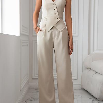 TEMU Solid Color Stylish Pantsuits, Button Front V Neck Asymmetrical Vest & High Waist Pants Outfits, Women's Clothing Image