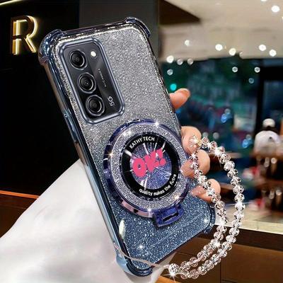 TEMU Airbag Glitter Magnetic Ok Letter Phone Holder Case On For A55 5g Galaxya55 5g Anti-knock Stand Back Cover Image