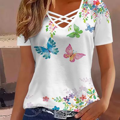 TEMU Women's Elegant -strap V-neck Short Sleeve T-shirt With Colorful Print - Breathable Medium Stretch Fabric, Machine Washable, Casual & Dressy Top, Ladies T Shirts, Nontransparent Material Image
