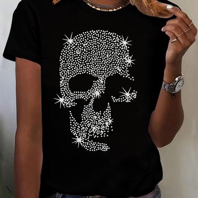 TEMU Women's Rhinestone Skull T-shirt - Black & White , Round Neck, Medium Stretch, Machine Washable For Spring Summer Fall, Skull T Shirt, Seasonal Fashion, Mediumstretch Fabric Image