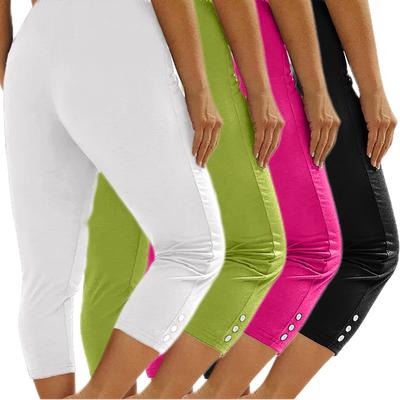 TEMU 4pcs 7-inch High Waist Capri Leggings For Women, Stretchy & Comfortable, With Button Decor, Yoga, Running & Fitness Workouts - Green, White, Pink, Black Image