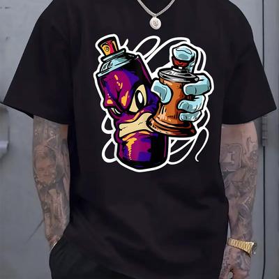 TEMU Men's Graffiti Spray Paint Graphic T-shirt - Black Casual Crew Neck Short Sleeve Tee With Vibrant , Summer Streetwear, Casual Wear | Graphic Shirt | Glossy Fabric Image
