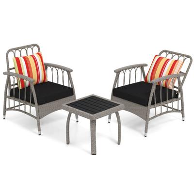 Costway 3 Pieces Patio PE Wicker Furniture Set with 5-Level Adjustable Backrest-Gray