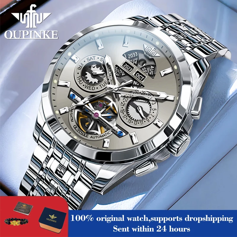 OUPINKE 3251 Herrenuhr mit automatischem Datum, Skelett-Zifferblatt, luxuriöse automatische mechanische Uhr, Top-Marke, wasserdicht. Image