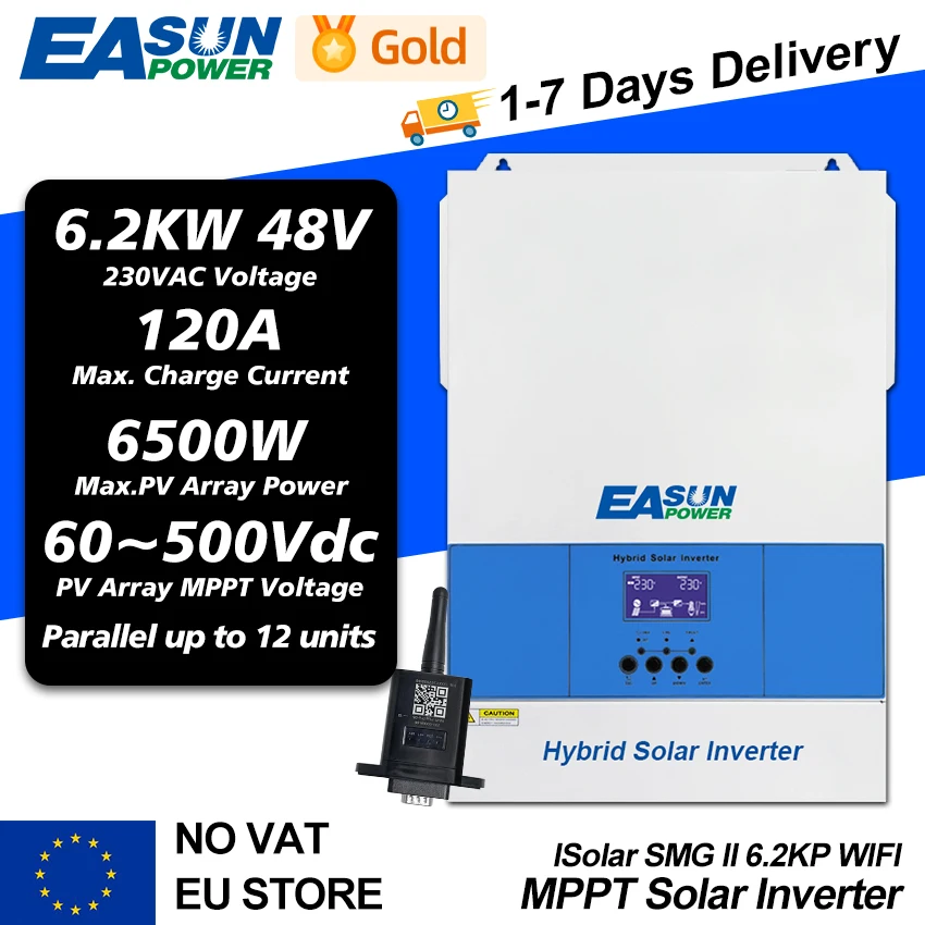 Easun Hybrid Solar Wechsel richter 6,2 kW 4,2 kW Single Dual Output mit WLAN MPT 120a 48V 24V bis 230VAC netz unabhängige Ladung Arbeit keine Batterie Image
