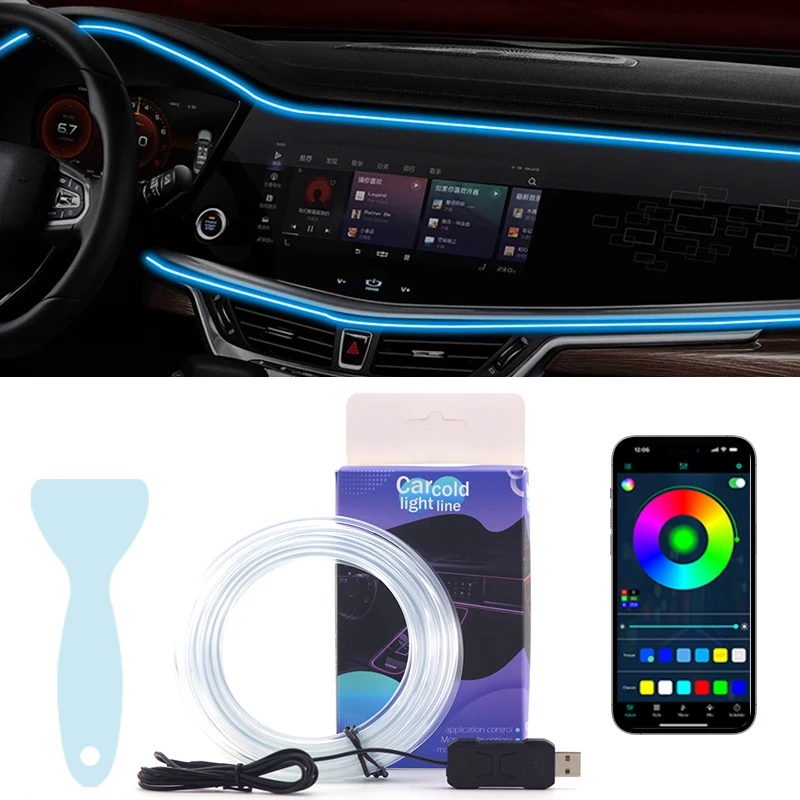 Neon Car Led Strip Light RGB USB Ambient Led Lighting Kit with Fiber Optic for Car Interior Decoration Center Console Dashboard