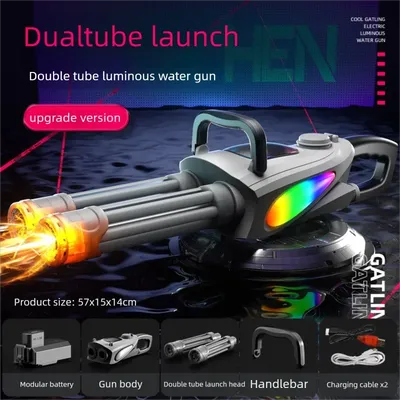 Electric Rotating Barrel Gatling Water Gun Toy with Light Long-range Spray Water Pistol Blaster Pool Outdoor Toy for Kids Adult