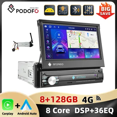 Podofo 7'' Retractable Touch Screen Car Stereo 1Din Multimedia Player 8Core 8+128G Carplay Android Auto Navigation RDS Car Audio