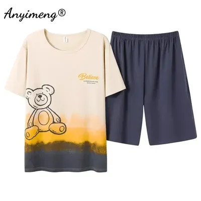 Neue Sommer Männer Pyjamas Set Gestrickte Baumwolle Kawaii Bär Druck Nachtwäsche L-3XL Freizeit Image
