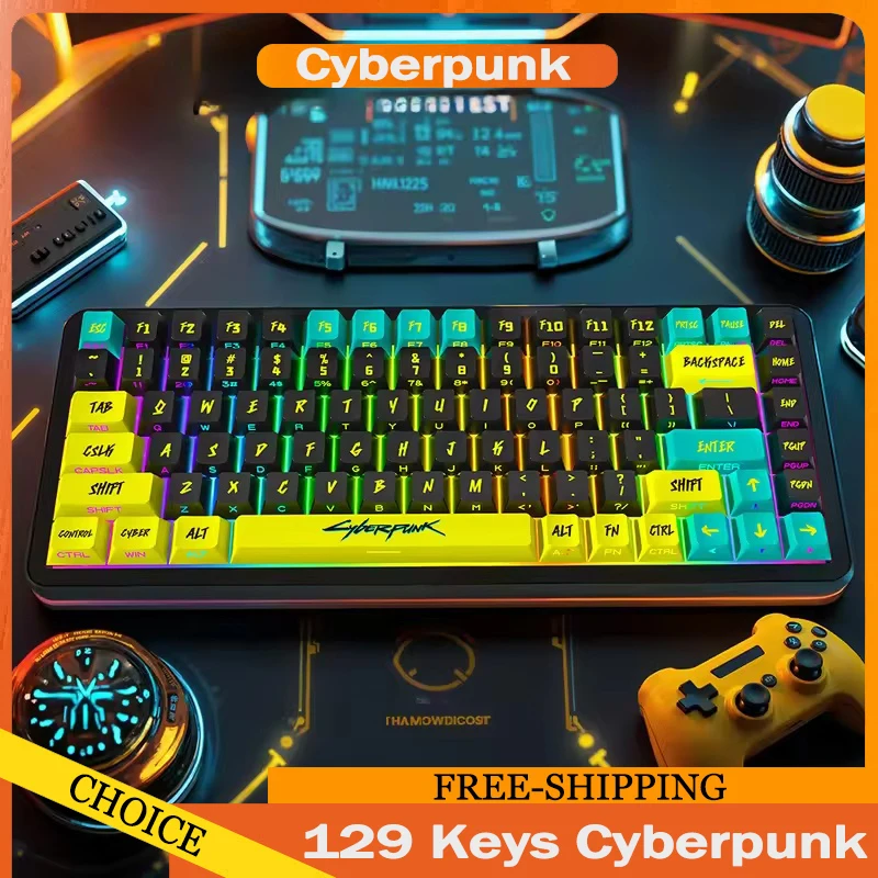 Cyberpunk 129-Tasten-Tastenkappe, Kirschprofil, seitlich gravierte, durchscheinende Tastenkappen, PBT, individuell angepasste Wooting-Tastenkappen, Geschenk Image