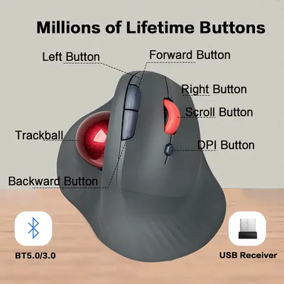 JOMAA Vertical Trackball Mouse Bluetooth Gaming Rechargeable USB Wireless Mouse for Windows Mac OS