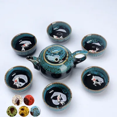 1 Pot 6 Cups Fish Play Tea Set Chinese Style Ceramic Kung Fu Tea Set Teapot Portable Tea Cups Of Tea