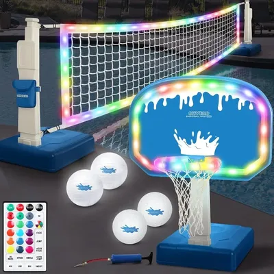 2-in-1 LED Pool Volleyball & Basketball Game Set, Light Up Pool Sport Combo Set with 14in LED Rim/4