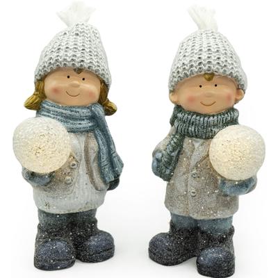 Dekolicht NOOR LIVING "Winterkinder aus Keramik im 2er Set, mit Beleuchtung, Höhe ca. 26 cm", grau (grau, silberfarben), B:12,5cm H:26cm L:10cm, Lampen, Weihnachtsdeko, Batteriebetrieben, Dekofigur mit LED Ball Image