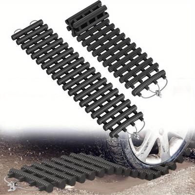 TEMU 2pcs Heavy-duty Tpr & Traction Aid Pads - Non-slip, Flexible Design For Vehicle Safety On Off-road Terrain, Includes Carrying Bag - Black, Multiple Sizes Image