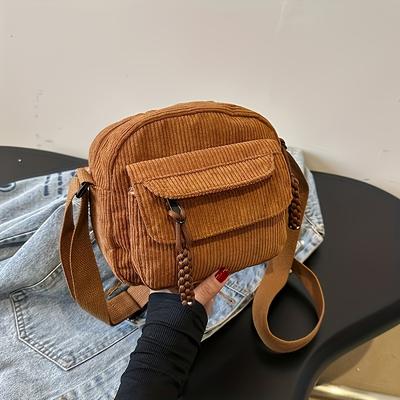 TEMU Chic Corduroy Crossbody Bag For Women - Solid Color, Adjustable Strap, Zip Closure - Daily Use & Parties, Chic Solid Color Crossbody Bag Image