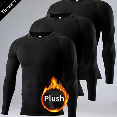 TEMU 3pcs Men's High-stretch Thermal Long Sleeve Tops - Fleece-lined, Crew Neck, Sports & Outdoor Activities, Fall/winter Essentials Image
