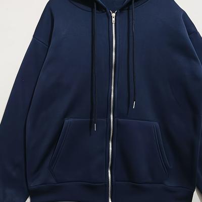 TEMU Women's Navy Blue Casual Zip-up Hoodie - Thick Warm Fleece-lined Winter Sweatshirt With Front Zipper & Ribbed Cuffs, Machine Washable Autumn Winter Outerwear, Sweater Hoodie, Durable Fabric Image