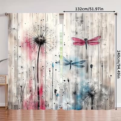 TEMU 2pcs, Arts Theme Curtains, Dandelion & Dragonfly Design, 100% Polyester, For Bedroom Living Room Dining Study, No Battery Required Image