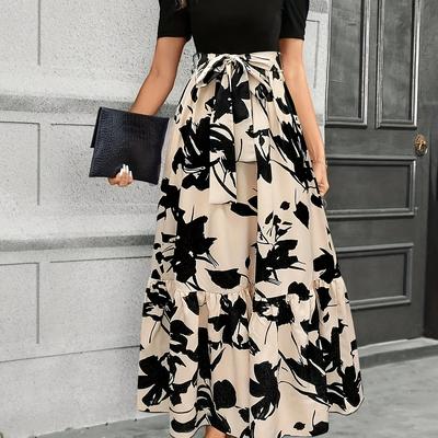 TEMU Elegant Floral Print Maxi Dress For Women - Polyester A-line Pendulum Skirt With Crew Neck And Belt Detail, Woven Dress Image