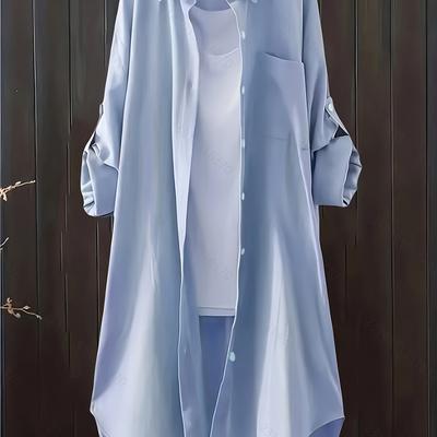 TEMU Light Blue Women's Casual Long-sleeve Polyester Shirt, Spring/autumn Button-up Blouse With Classic Collar, Smooth Texture, Hand Wash Or , Everyday Shirt | Classic Collar Blouse | Glossy Texture Image