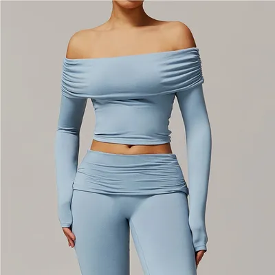 Women Crop Tops Yoga T-shirts Solid Sports Top Off Shoulder Long Sleeve Running Shirts Sexy Exposed Navel Fitness Gym Sport Wear