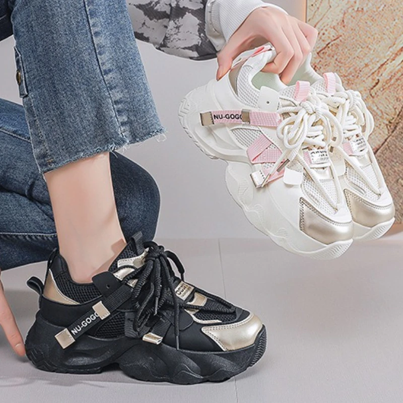 Womens Sports Shoes Thick Sole 2025 Summer New Chunky Sneakers Casual Mesh Breathable Trainers Sports Running Casual Shoes