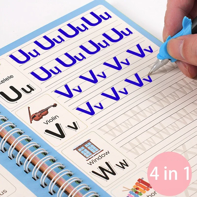 4-in-1-Magie-Übungshandschrift mit Stiften, Eusable Letter Number Writing Workbook Kalligraphie 64 Seiten Tracing Book Image