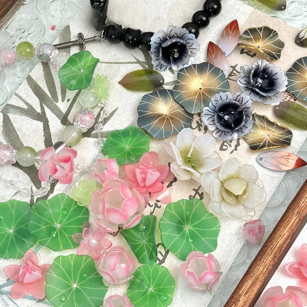 【Schwarzer Lotus 】 Lotusblatt-Anhänger zum Selbermachen, handgefertigtes Perlenschmuckmaterial, Armband, Halskette, Haarschmuck Image