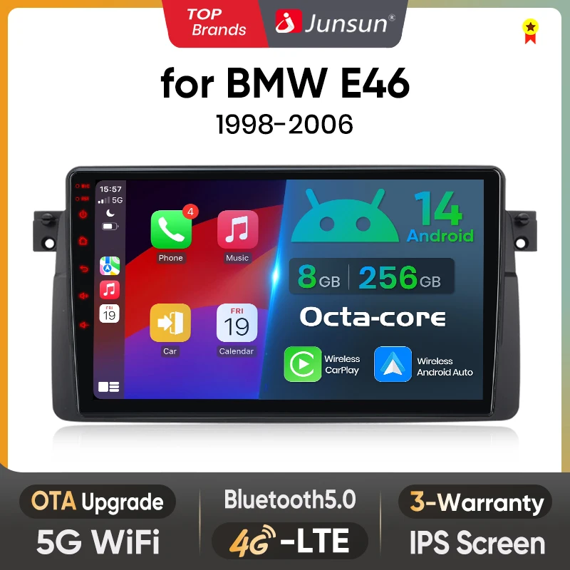 Junsun Drahtlose CarPlay für Apple Android14 Auto Auto Radio für BMW E46 M3 318/320/325/330/335 1998-2006 Multimedia Navi Stereo Image
