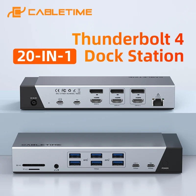 CABLETIME 20 IN 1 Thunderbolt 4 Dock Station 4K60Hz HDMI/DP TB4 2.5Gbps LAN SD/TF 4.0 Audio&Mic 3.5mm for Mac Thunderbolt Device