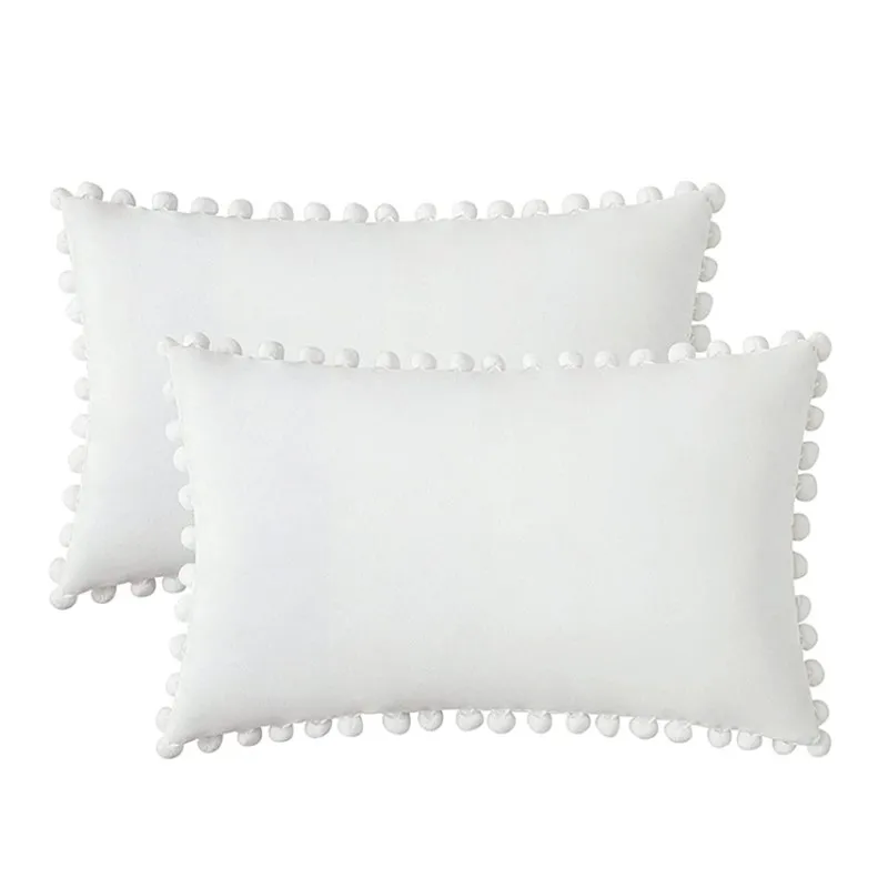 Weißer nordischer holländischer Samt-Kissenbezug, Pompons, Kanten, solider, ultraweicher Samt-Kissenbezug, Sofa, Couch, Lendenkissen, Heimdekoration Image