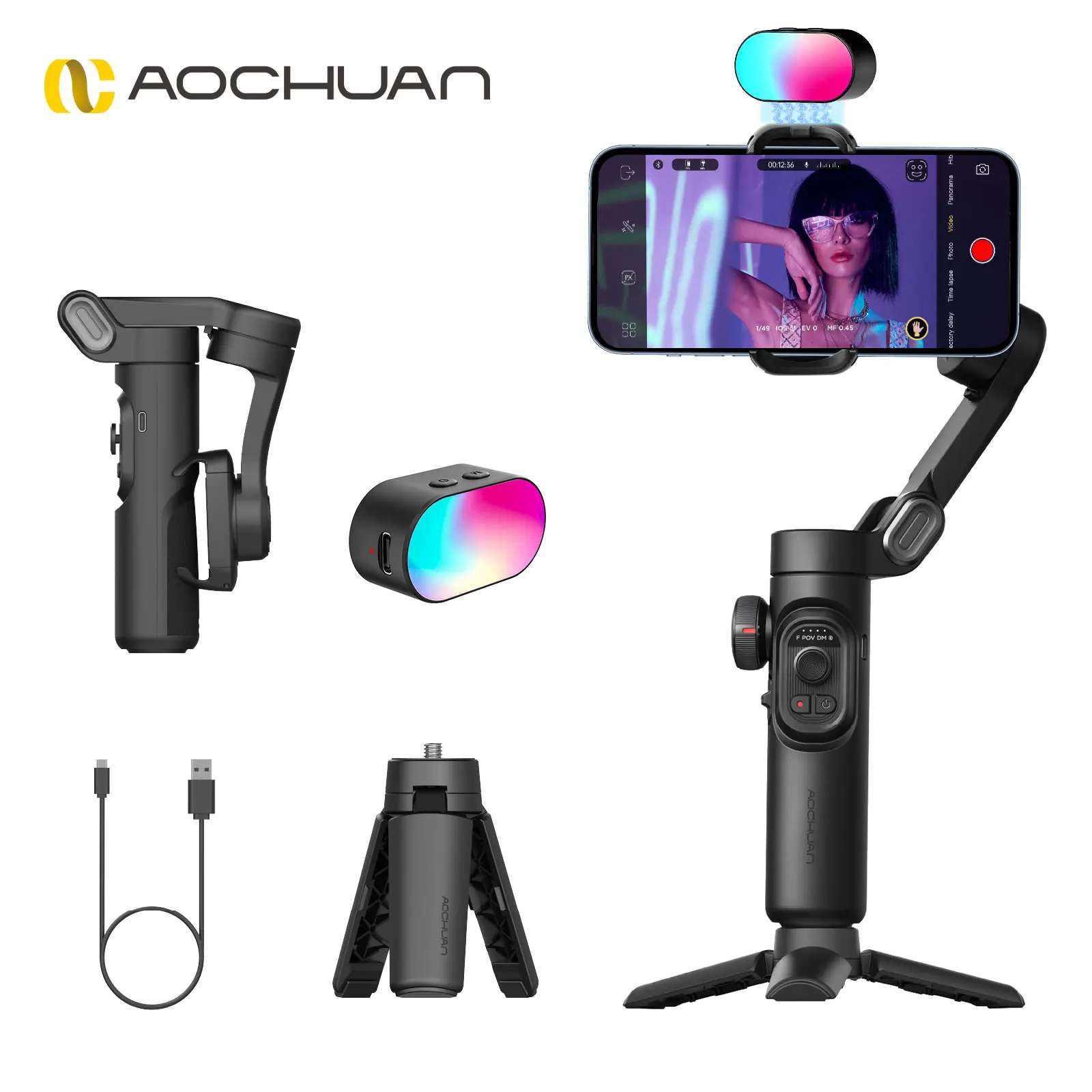 AOCHUAN Smart XE Kit Gimbal Stabilizer for Smartphone iPhone Video Recording Magnetic Fill Light 3-Axis Foldable Android Gimble
