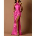 Elegantes ärmelloses Halterneck Satinstoff Meerjungfrau Trumpet Abendkleid Formelles bodenlanges Kleid Glitzer Rüschendetails