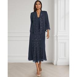 Elegantes A-Linie Brautmutterkleid Spitzenstufenstickerei Zwei Teile Chiffon Lange Ärmel Bodenlänge Quadrat-Ausschnitt Wickel inklusive