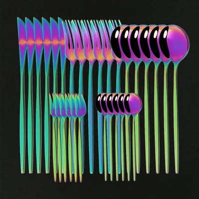 6Set Rainbow Cutlery Set Mirror Colorful Flatware Set Stainless Steel Dinnerware Kitchen Gold